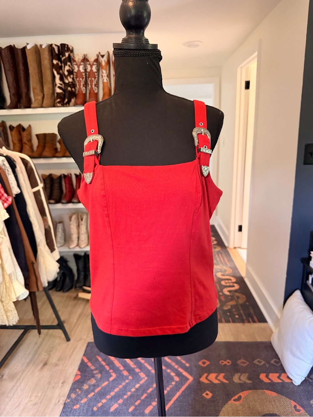Rock & Roll Denim Red Buckle-Strap Square Neck Tank Top